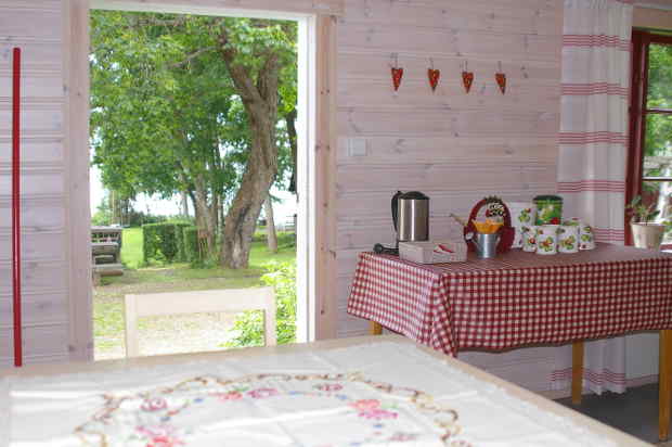 Looking out to the garden and lake beyond from Tarja's cabin