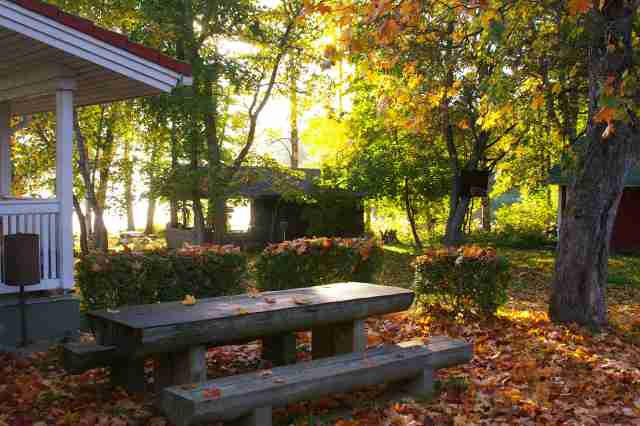 Autumn view of the smoke sauna by the lake