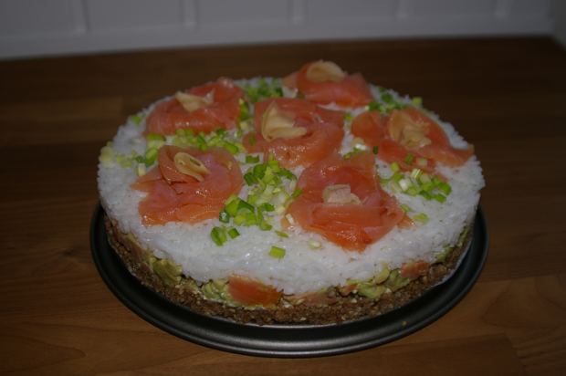 Japanese-style savoury cake - includes sushi rice, avocado, salmon